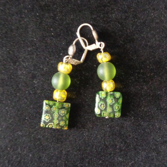 Olive Green MILLEFIORI DROP Dangle LEVER Back EARRINGS - Picture 2 of 2
